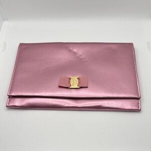 Salvatore Ferragamo Italy Pink Metallic Clutch Pouch Mini Bag with Bow Accent